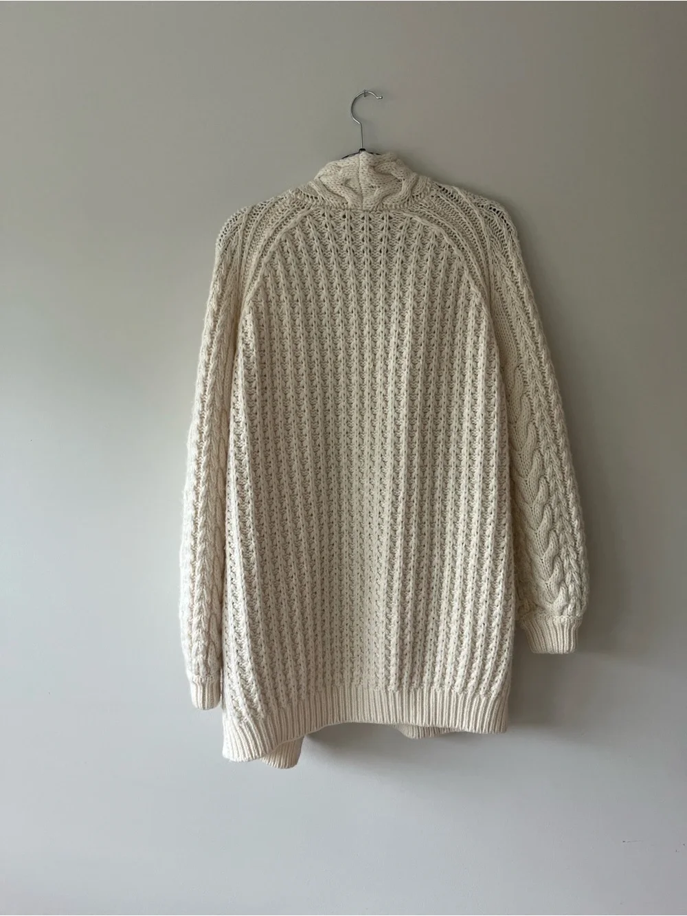 Maje Cream Chunky Cable Knit Long Shawl Cardigan Wool Blend Sz 2 / M - Picture 2 of 4